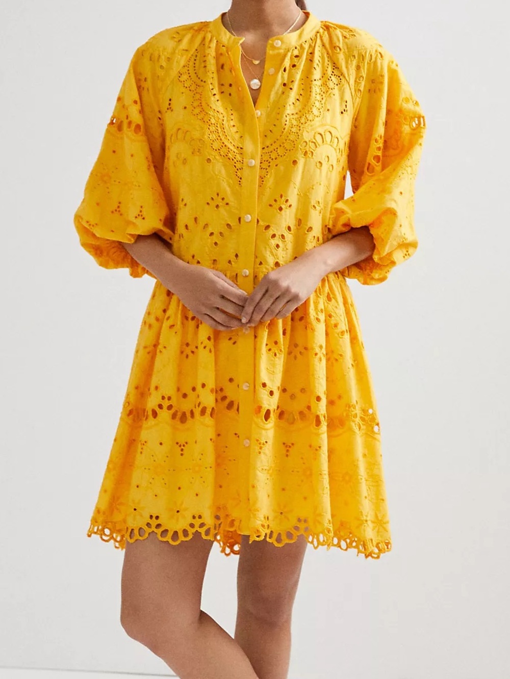Anthropologie  Boho "Tallulah" Yellow Eyelet Puff-Sleeve Mini Dress XS